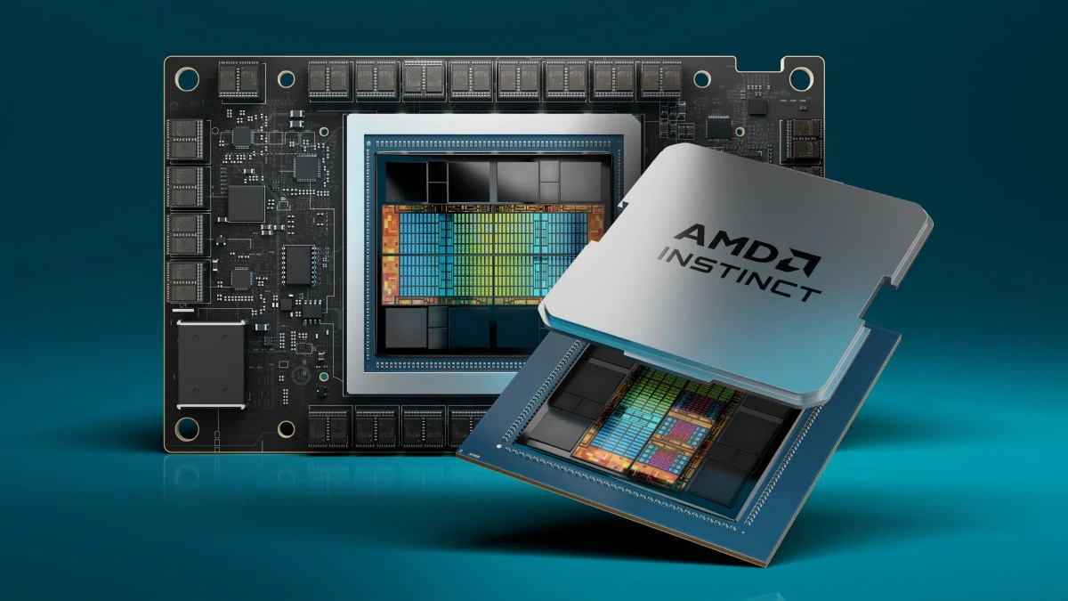 AMD official product image showing the Instinct MI300X accelerator package and platform