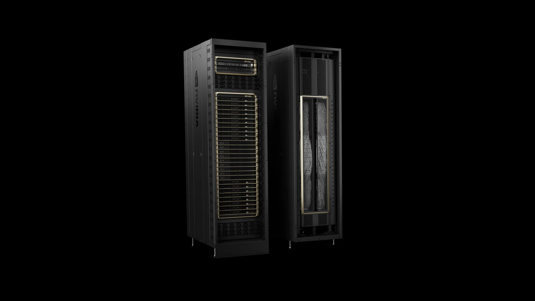 Official NVIDIA product visualization showing the compute and switch cabinets of a GB200 NVL72 system