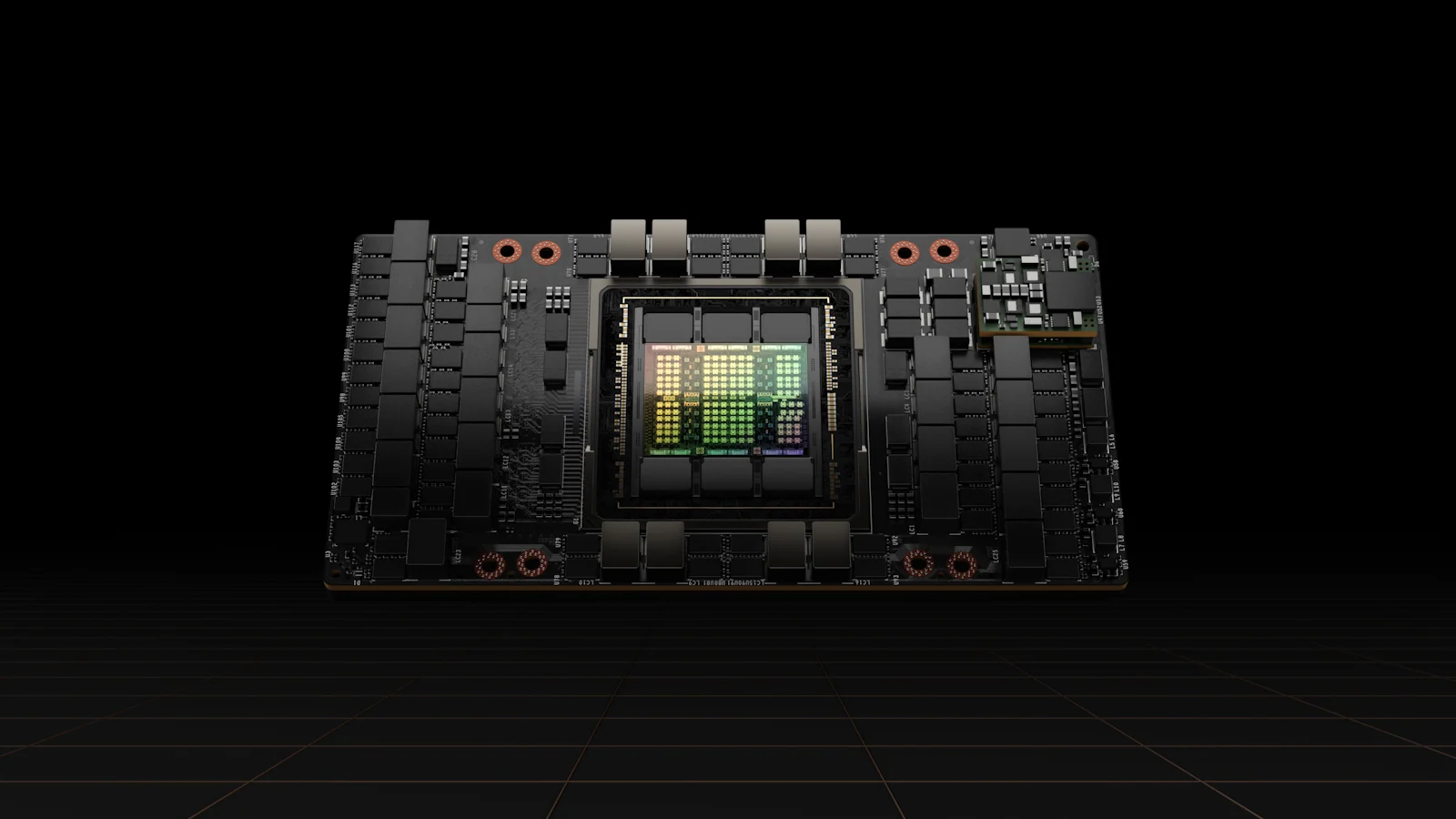 Official NVIDIA product visualization of an H100 SXM accelerator module on a black background