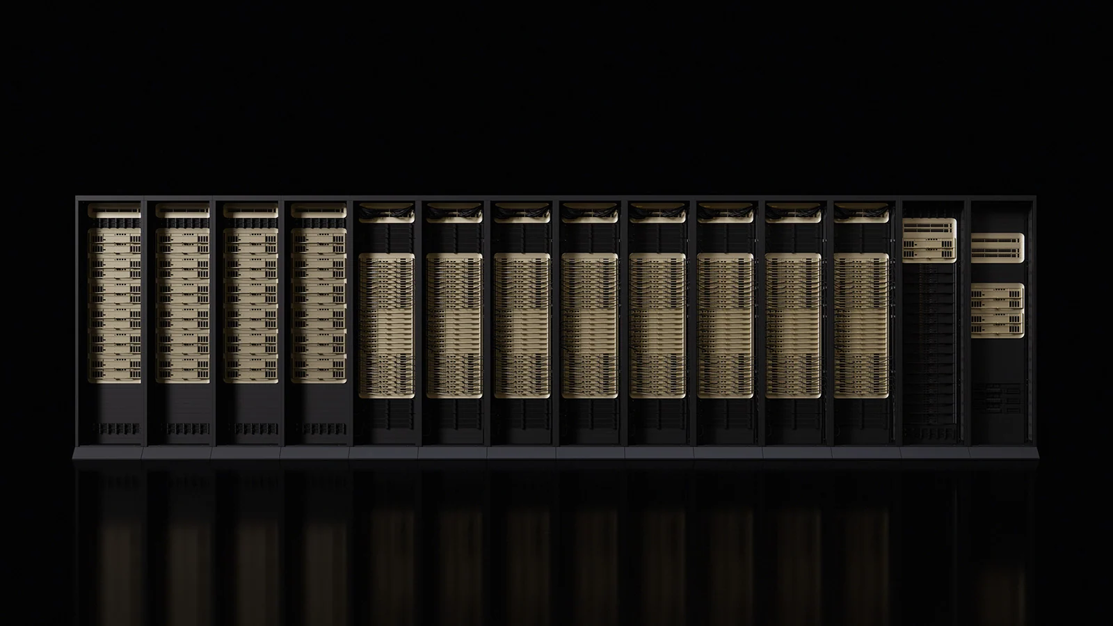 Official NVIDIA visualization of the Rubin platform arranged as a wide row of coordinated compute and infrastructure racks